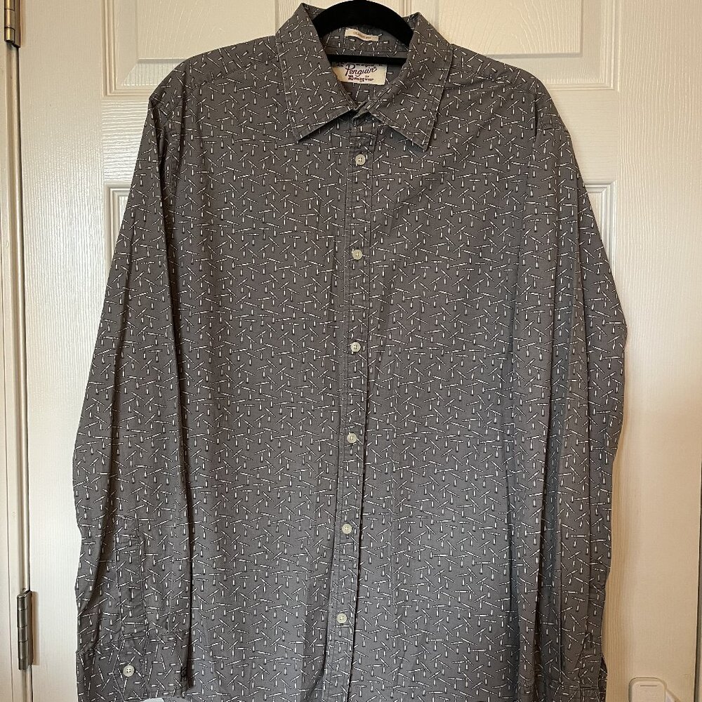 Penguin Sz XL Men Heritage Slim Fit Blue Novelty Telescope Gray Button Up Shirt